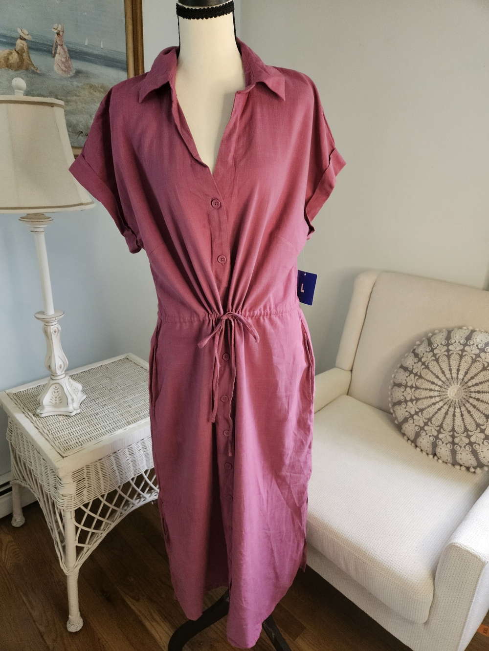 Badgley Mischka Mauve Pink Button-Front Drawstring Midi Dress